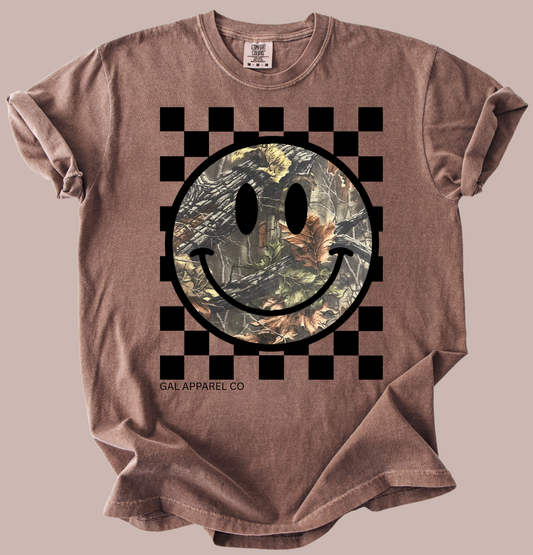 Camo Smiley Face Checkerboard Graphic Tee | Trendy Western Neutral Boutique Shirt