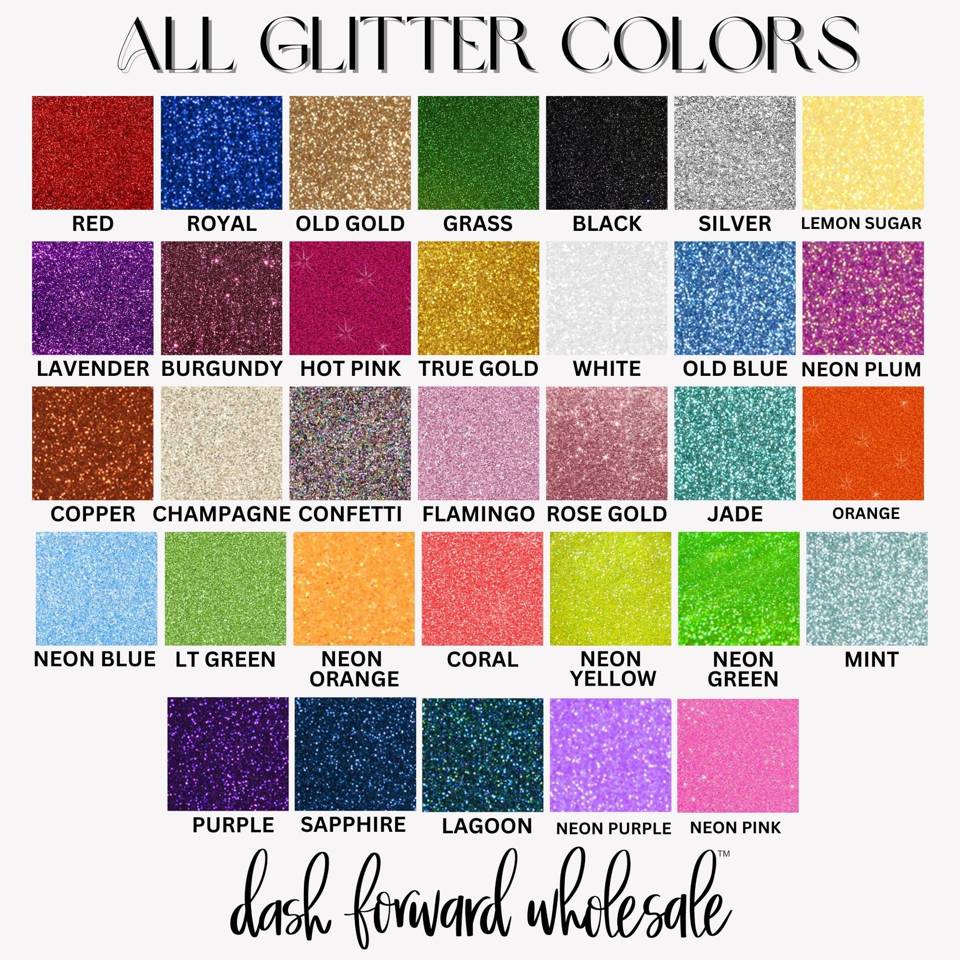 Chart displaying various glitter colors with corresponding names, branded as 'dash forward wholesale'.