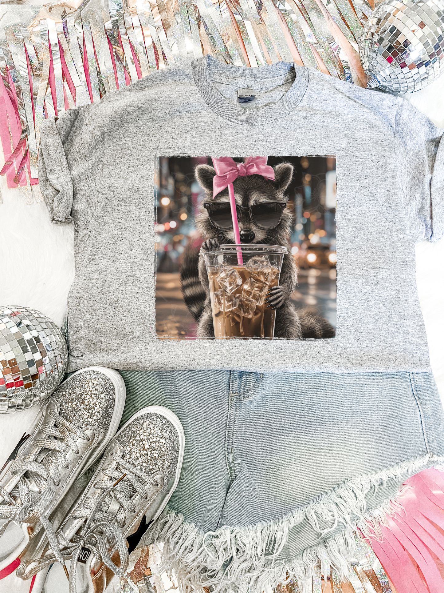 Raccoon Iced Coffee W/Bow Tee SUB DEAL - Multiple Styles