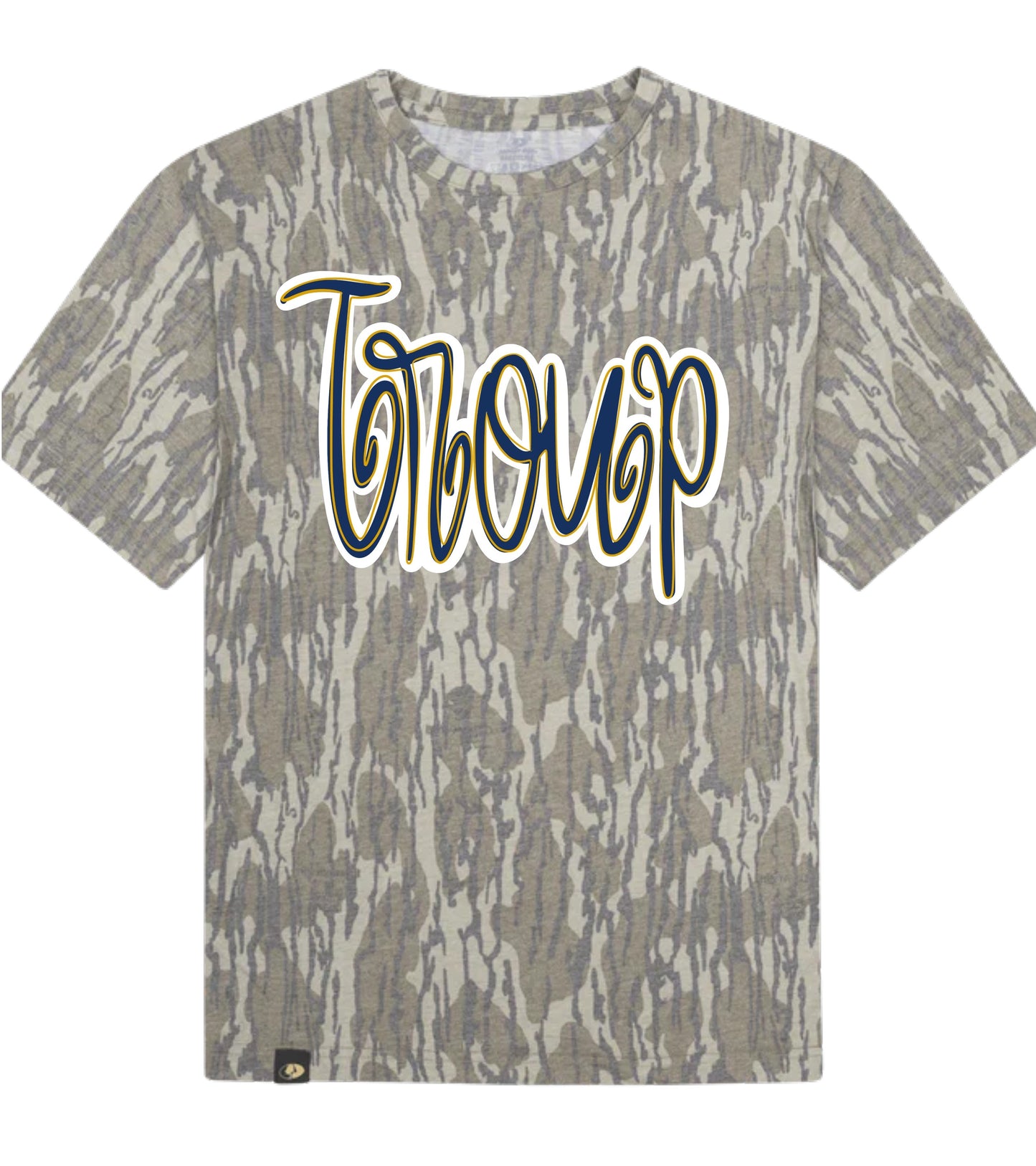 Camouflage-patterned t-shirt with 'Torque' branding on a white background