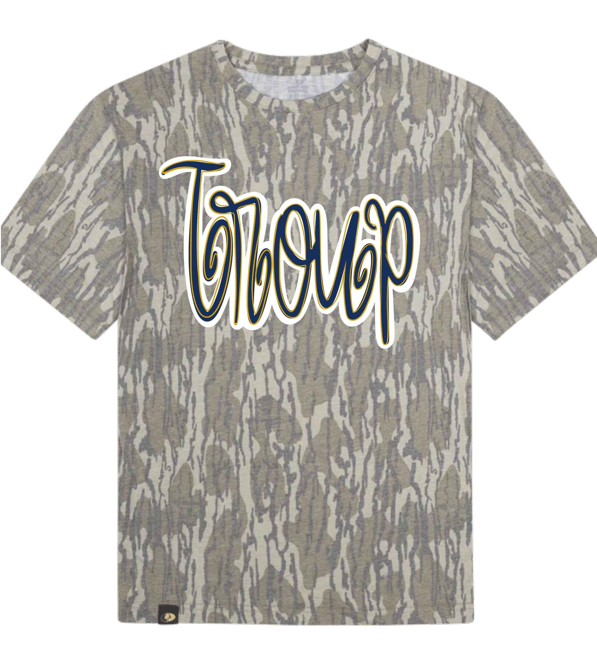 Camouflage-patterned t-shirt with 'Torque' branding on a white background