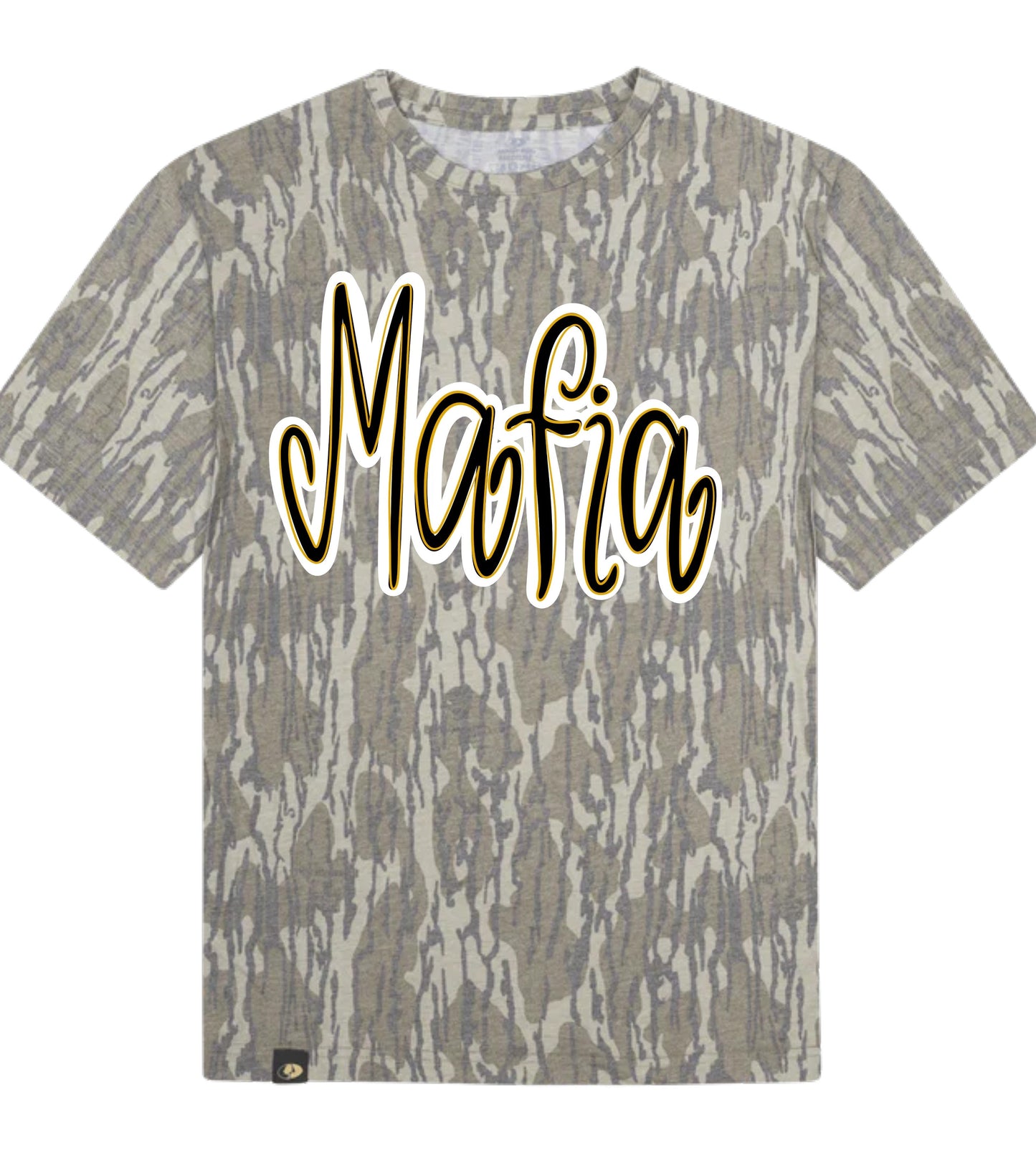 Camouflage t-shirt with 'Mafia' text on a white background