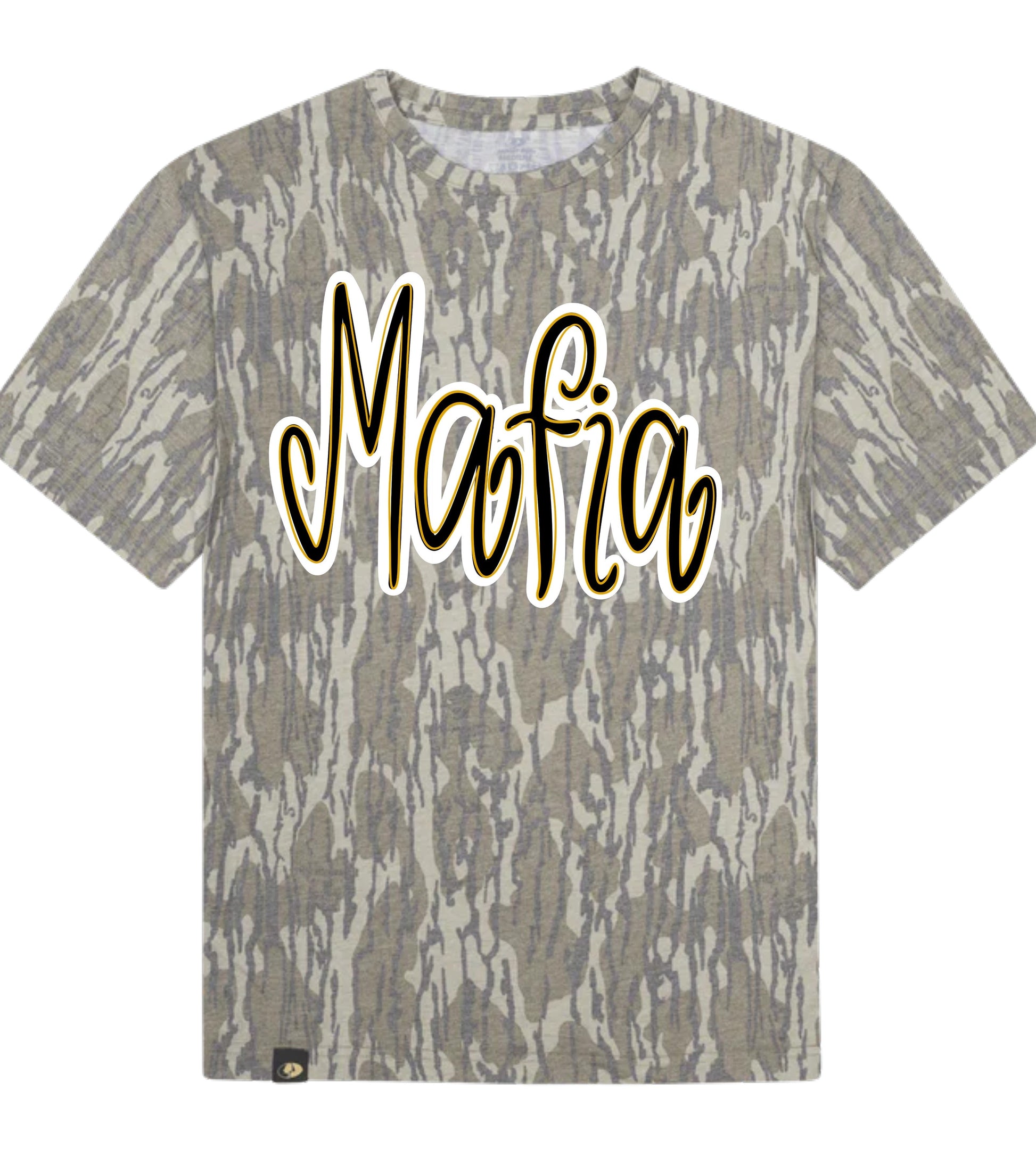 Camouflage t-shirt with 'Mafia' text on a white background