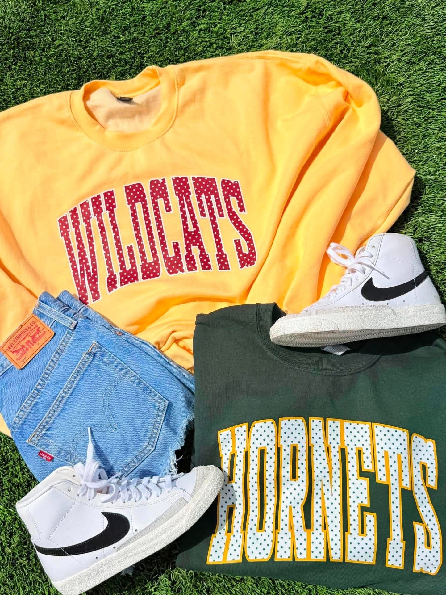 Yellow sweatshirt with 'WILDCATS' text, green shirt with 'HORNETS' text, white sneakers, and blue shorts on grass.