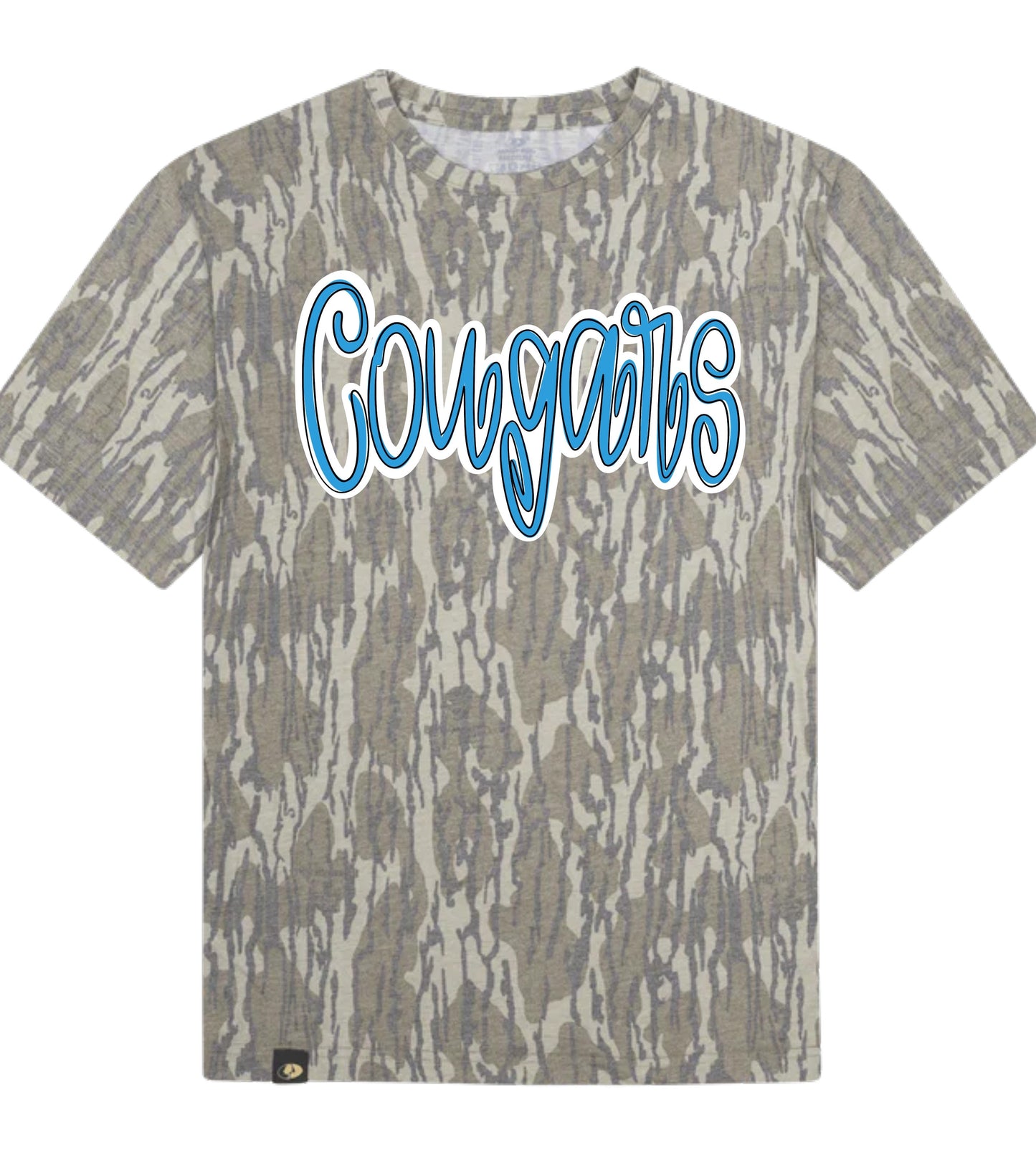 Camouflage-patterned t-shirt with 'Cougars' text in blue on a white background