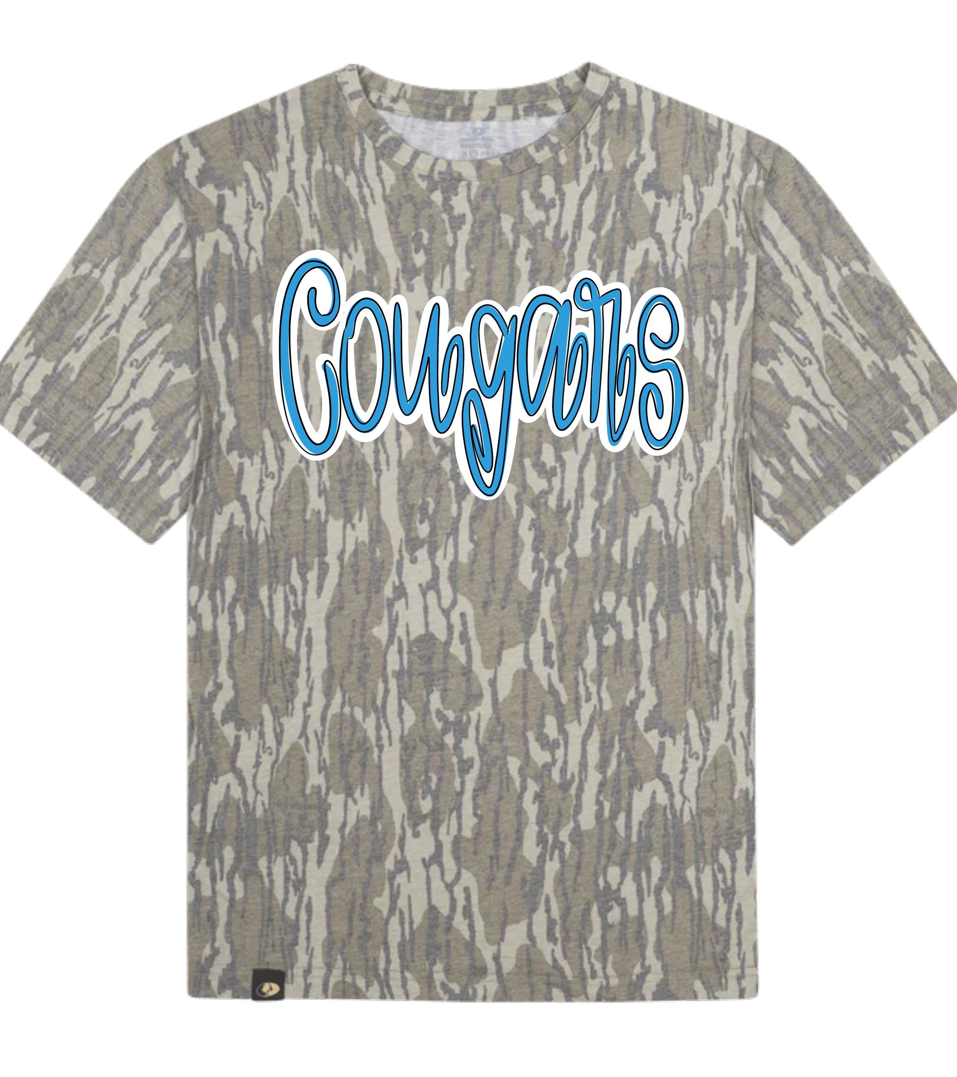 Camouflage-patterned t-shirt with 'Cougars' text in blue on a white background