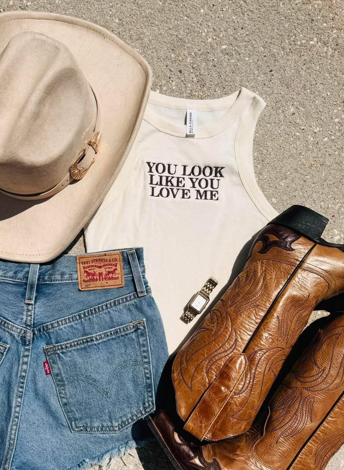 You Look Like You Love Me Embroidery Racerback Crop Tank