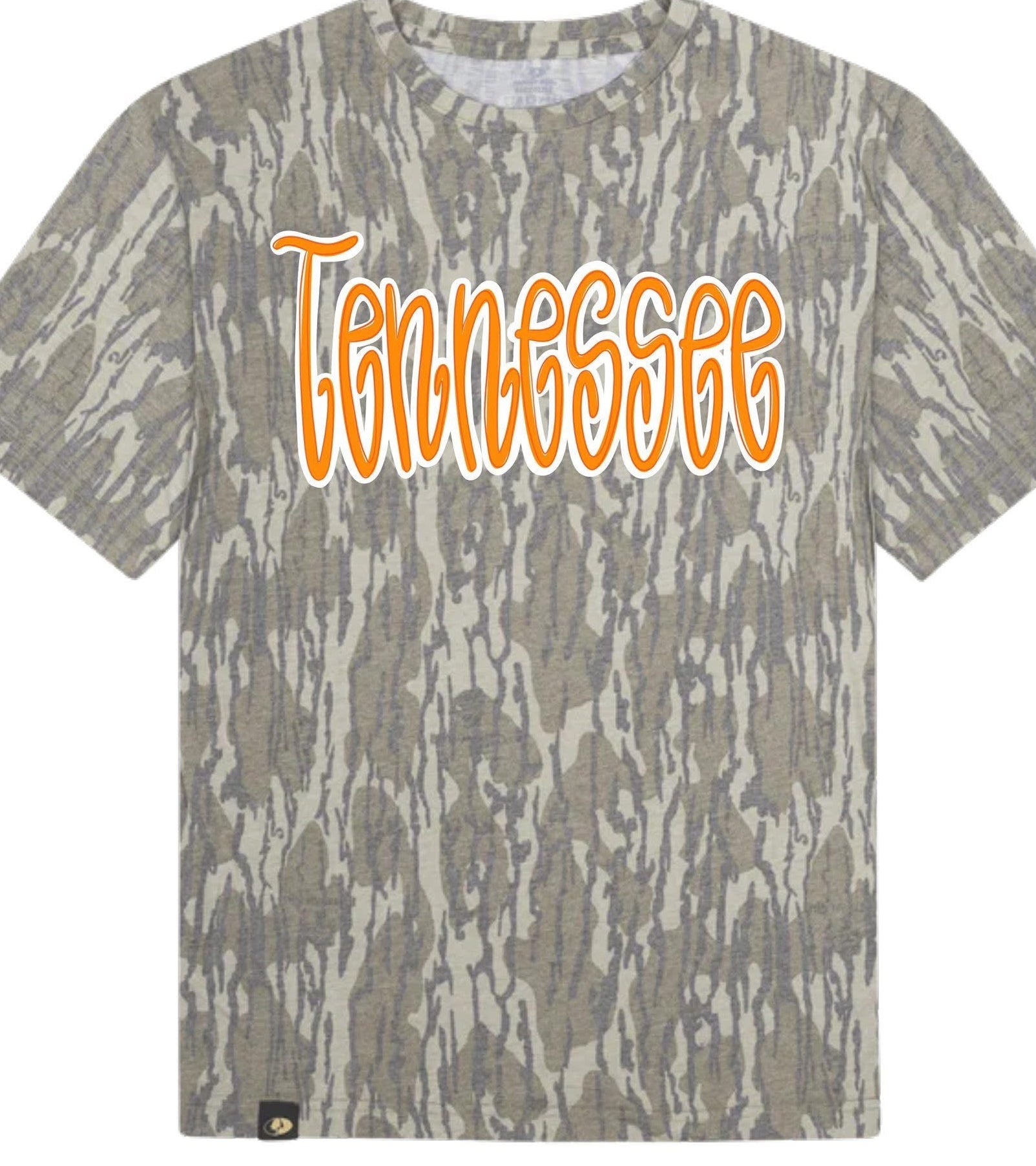 Camouflage t-shirt with 'Tennessee' text on a white background