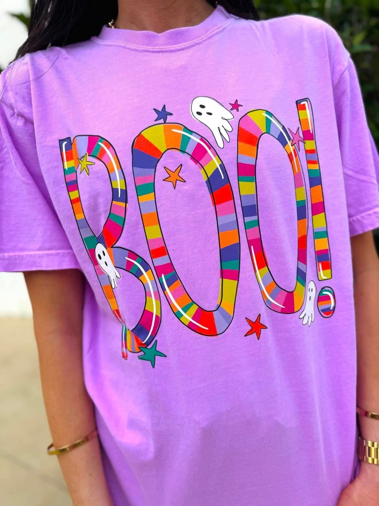 Multi Color BOO Ghost HW54 DTF Graphic Top