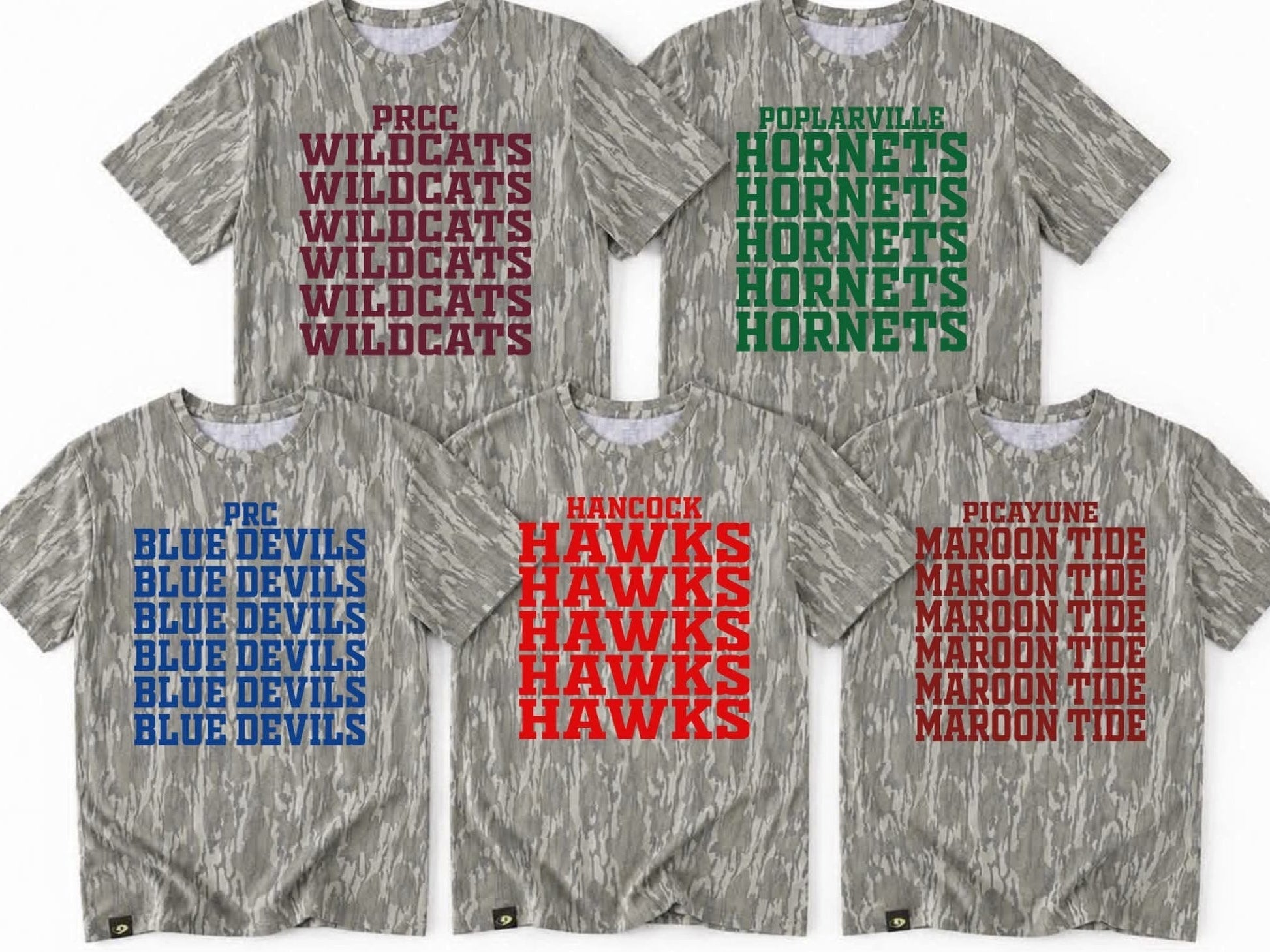 Five short-sleeve crewneck t-shirts with a gray and white camouflage pattern, each featuring a different team graphic in red, blue, or green text.
