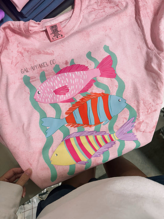 Colorful Tropical Fish with squiggly lines Graphic Tee | Coastal Beach Shirt | Preppy Summer Tee | Pink Comfort Colors Graphic Tee | Cute Boutique Clothing