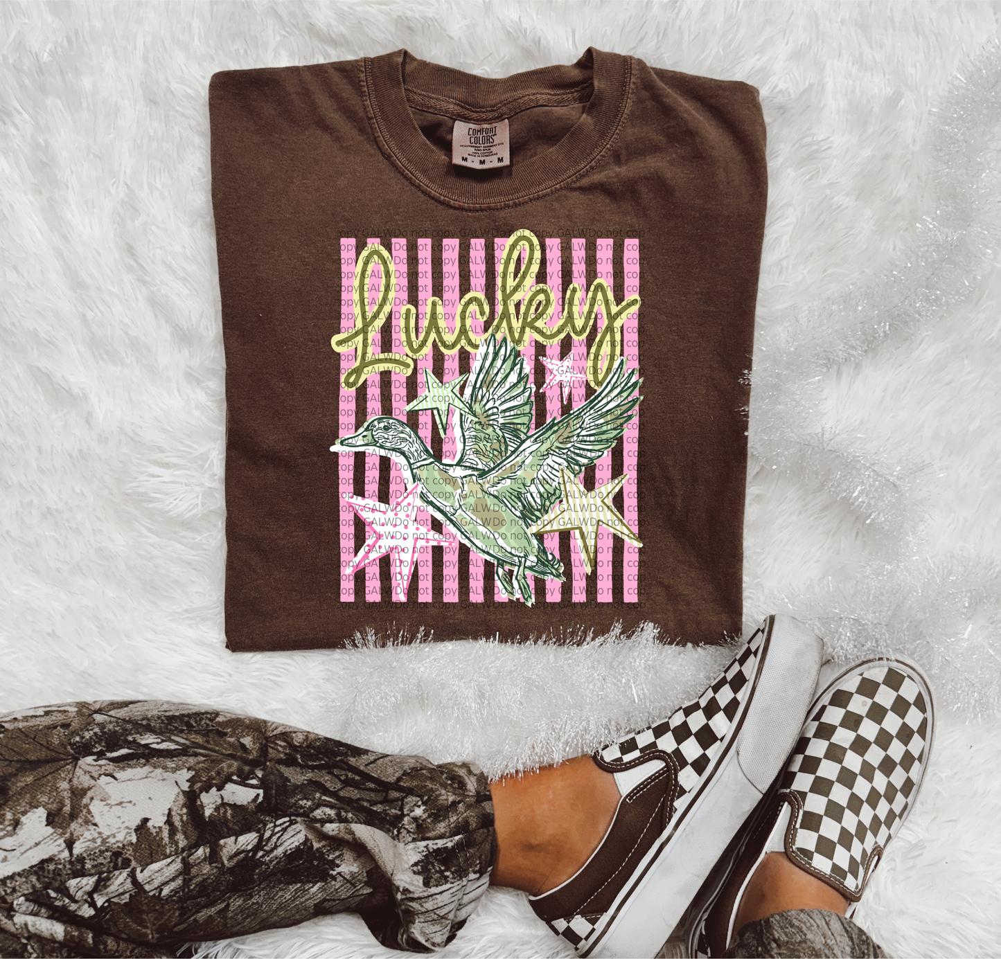 Lucky Duck pink stripes Flying Mallard Graphic Comfort Colors Tee | Pink Stripe Duck Hunting Shirt