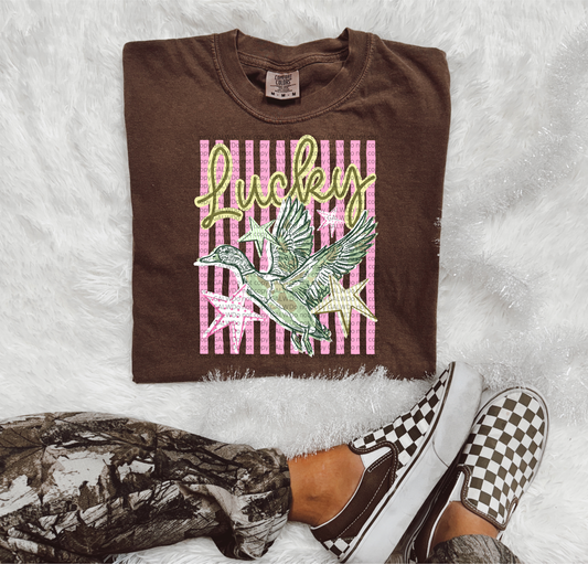 Lucky Duck pink stripes Flying Mallard Graphic Comfort Colors Tee | Pink Stripe Duck Hunting Shirt