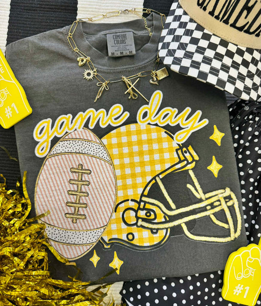 GAME DAY GOLD GINGHAM HELMET TEE
