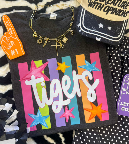 TIGERS NEON RAINBOW STARS TEE