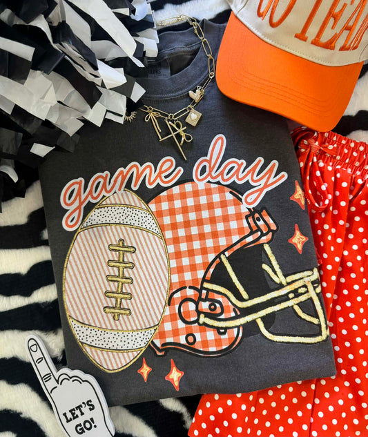GAME DAY ORANGE GINGHAM HELMET TEE