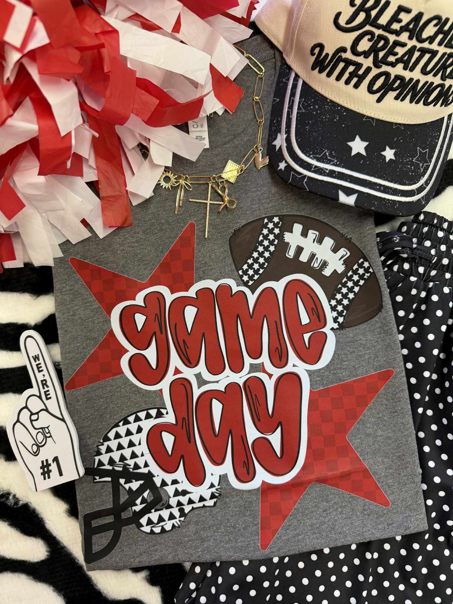 RED GAME DAY CHECKERED STARS & HELMET TEE