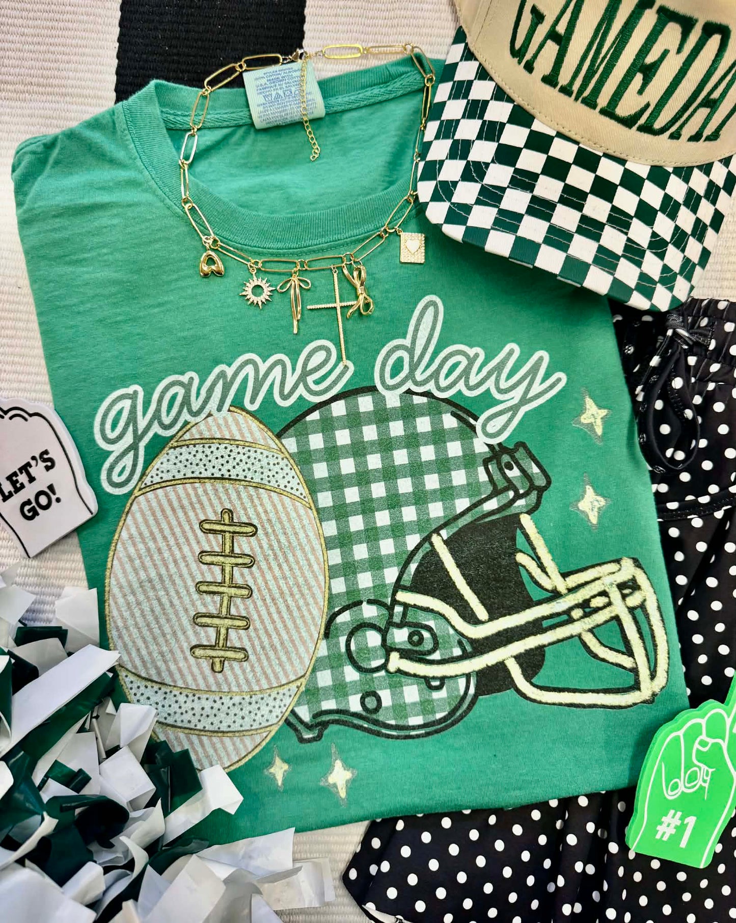GAME DAY GREEN GINGHAM HELMET TEE