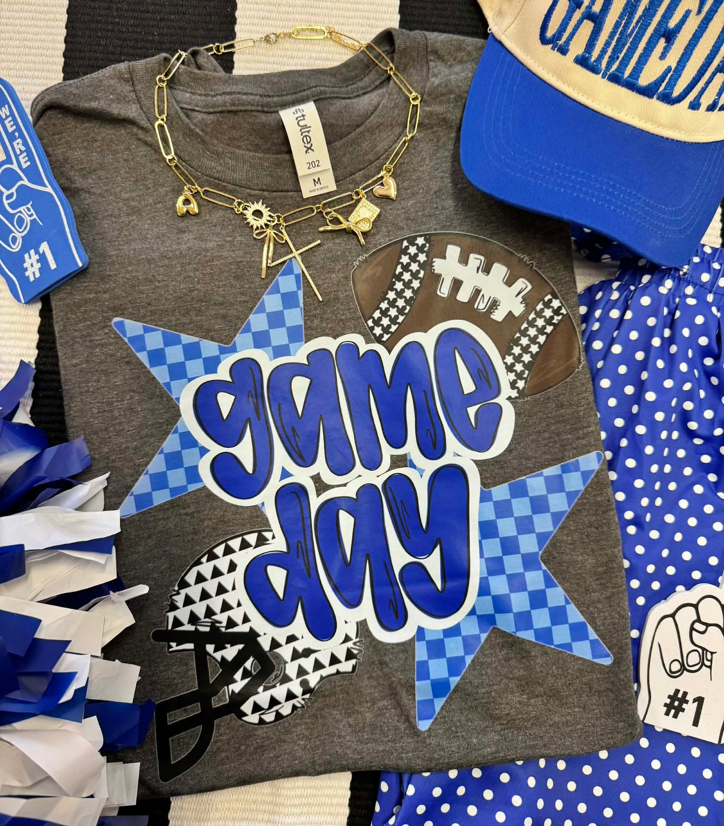 GAME DAY BLUE CHECKERED STARS TEE