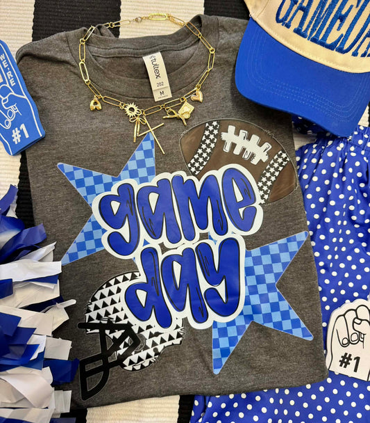 GAME DAY BLUE CHECKERED STARS TEE