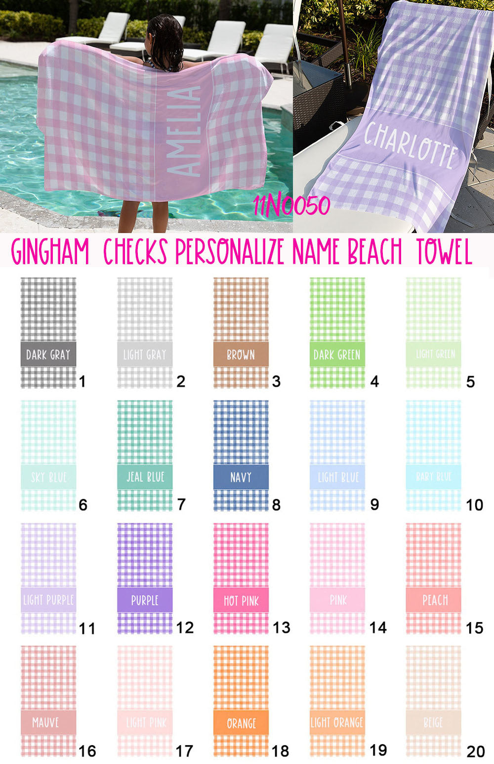 Gingham Checks Personalize Name Beach Towel