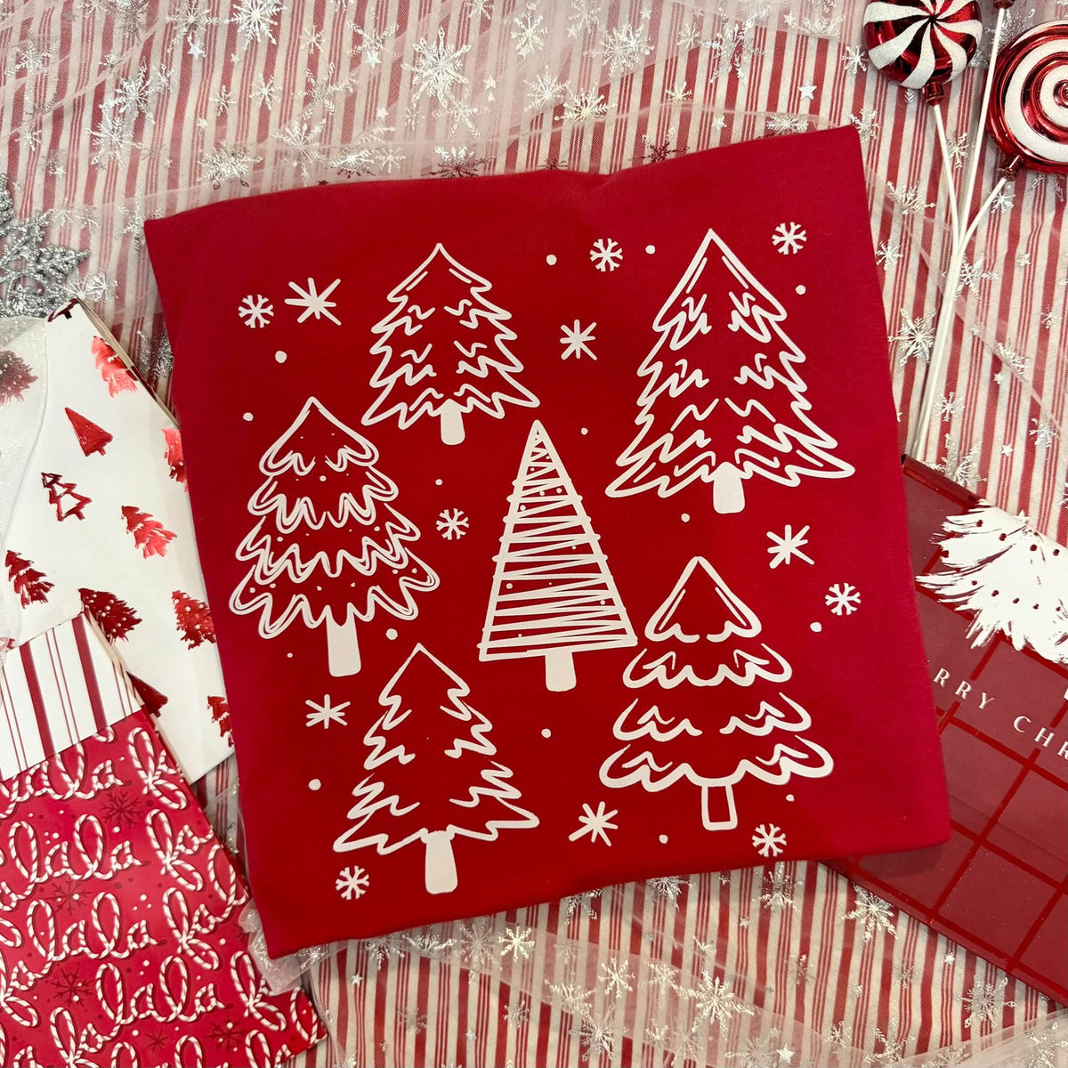 Christmas Trees & Snowflakes on Red Gildan Crewneck with sleeve prints