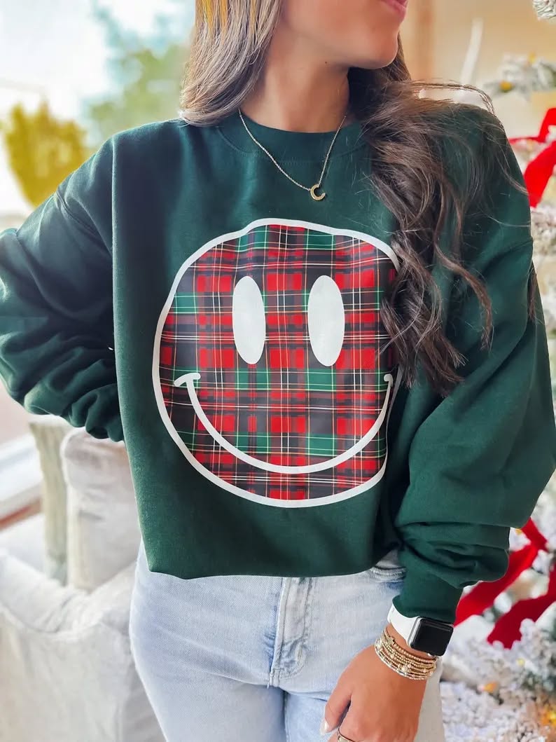 Plaid Happy Face Holiday Graphic Sweatshirt