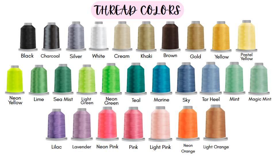 Collection of thread spools in various colors with labels above them.
